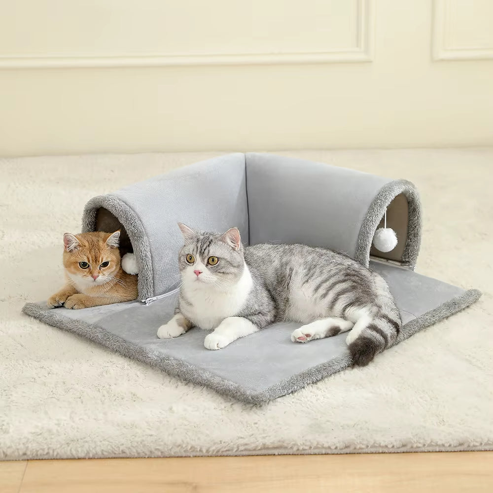 Cozy Cat Bed with Tunnel for Indoor Cats Multifunctional Cat Activities Tunnel Bed with Hanging Balls Cat Bed with Tunnel