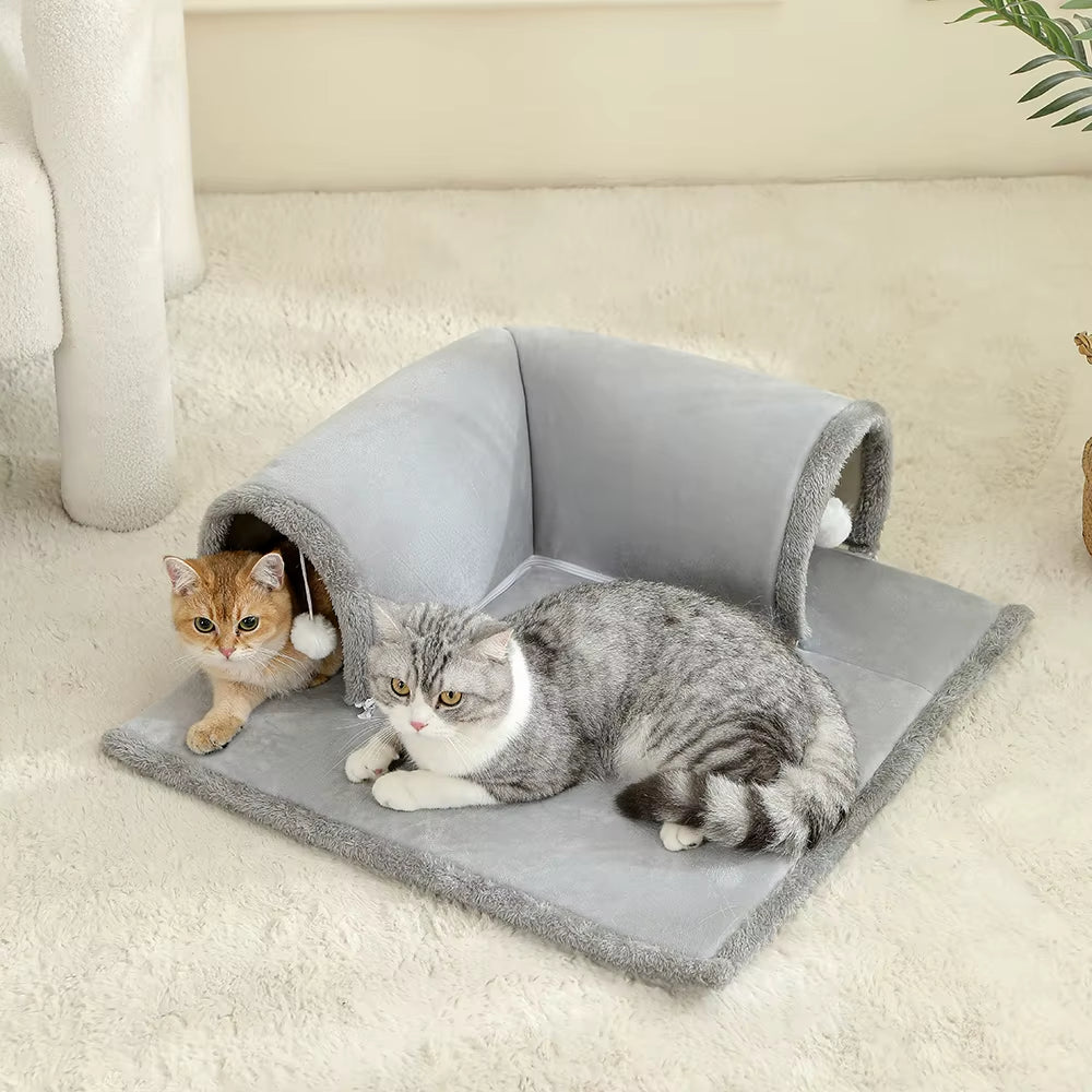 Cozy Cat Bed with Tunnel for Indoor Cats Multifunctional Cat Activities Tunnel Bed with Hanging Balls Cat Bed with Tunnel