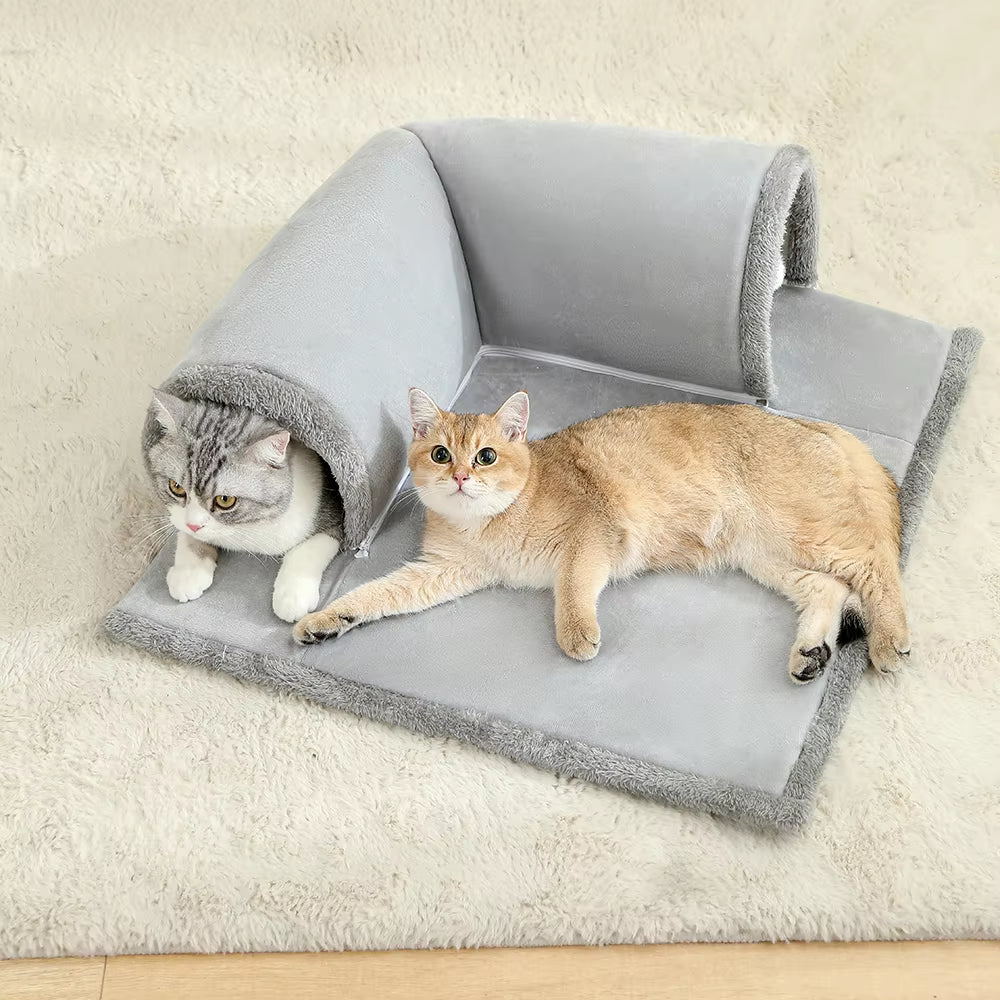 Cozy Cat Bed with Tunnel for Indoor Cats Multifunctional Cat Activities Tunnel Bed with Hanging Balls Cat Bed with Tunnel