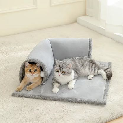 Cozy Cat Bed with Tunnel for Indoor Cats Multifunctional Cat Activities Tunnel Bed with Hanging Balls Cat Bed with Tunnel